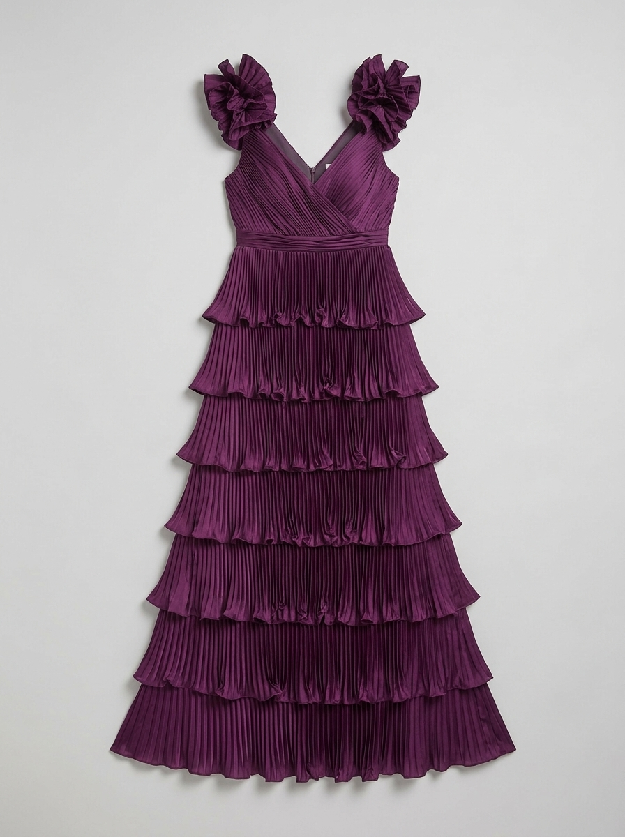 Aubergine Pleated Charmeuse Tiered Gown With Ruffle Straps