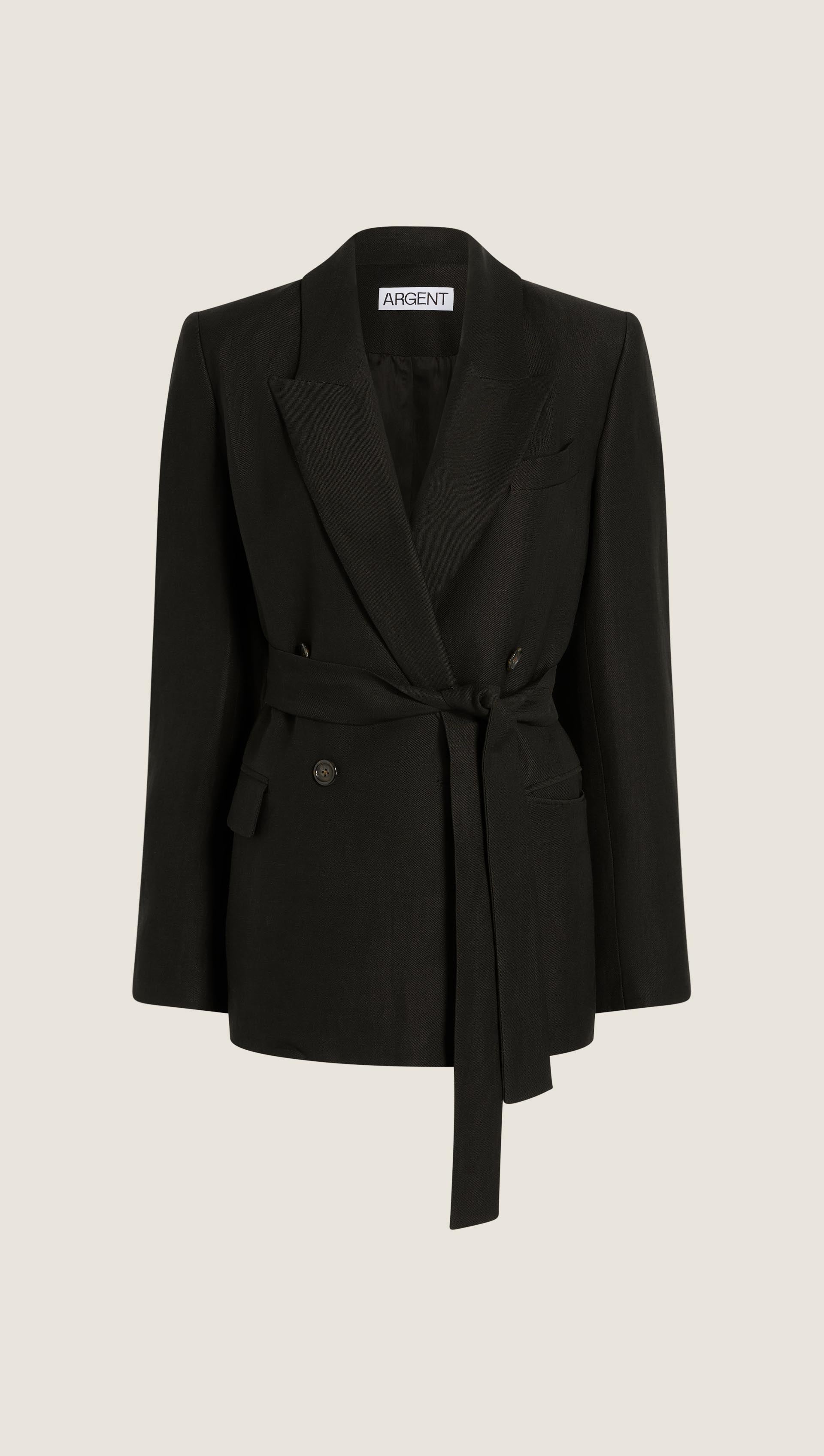 Belted Peak Lapel Blazer in Viscose Linen | Black