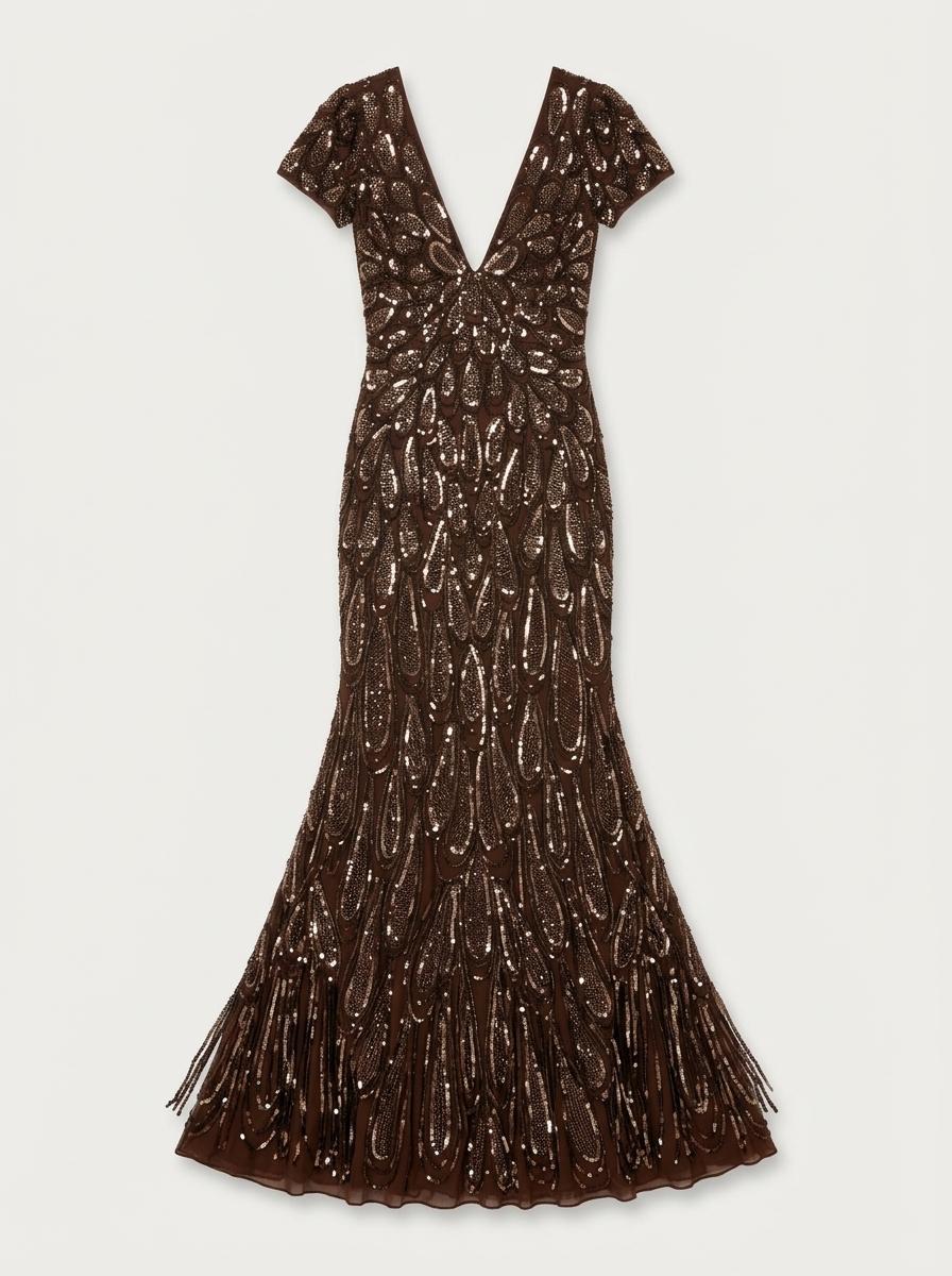 Chocolate Embellished Deep V-Neck Column Gown