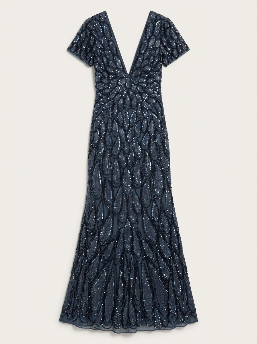 Denim Embellished Deep V-Neck Column Gown