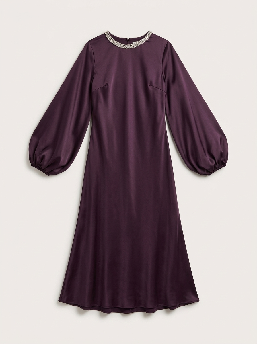 Eggplant Rhinestone Neckline Satin Midi Dress