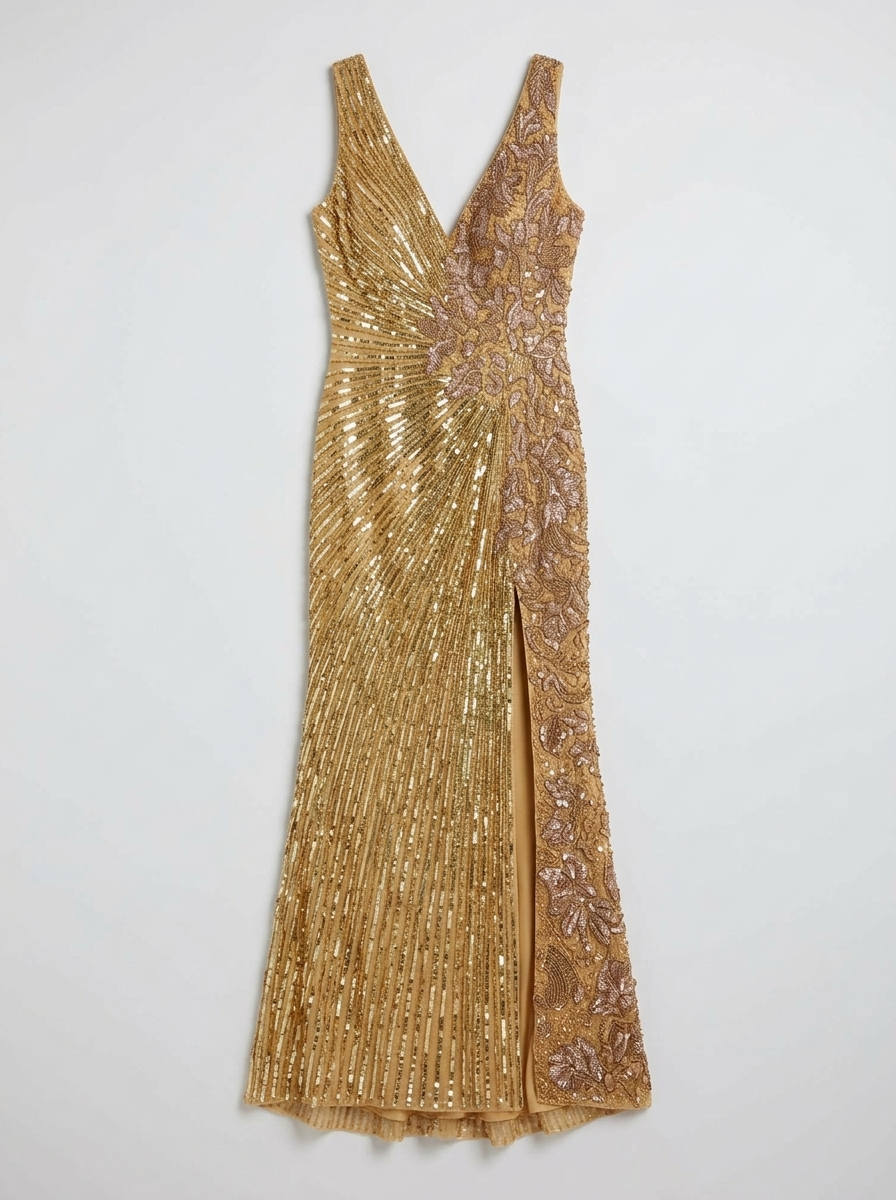 Gold Beaded Floral Sleeveless Gown