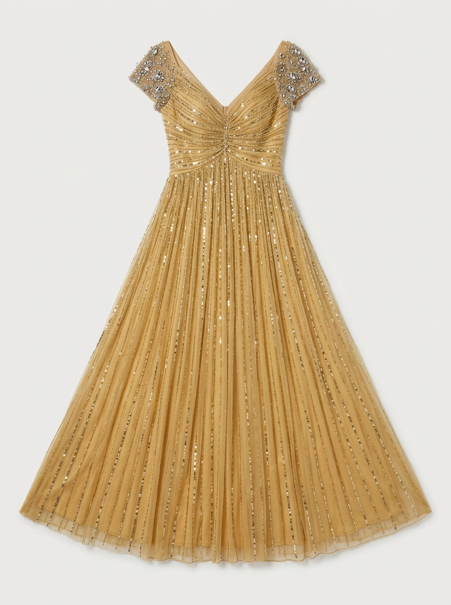 Gold Embellished V-Neck Cap Sleeve Gown