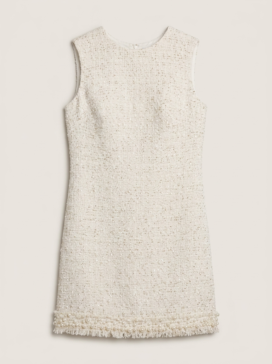 Ivory Boucle Mini Dress with Pearl Trim