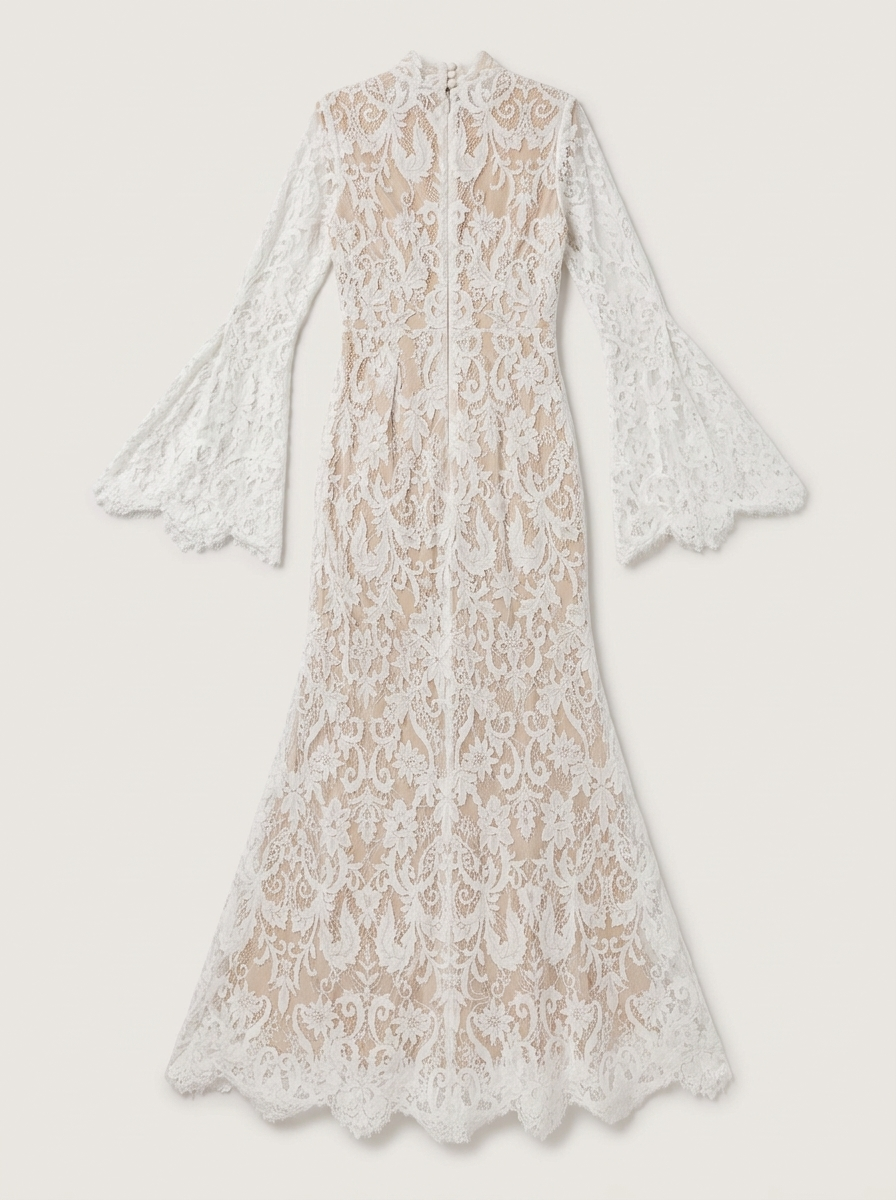 Ivory Nude Mock Neck Long Sleeve Lace Gown