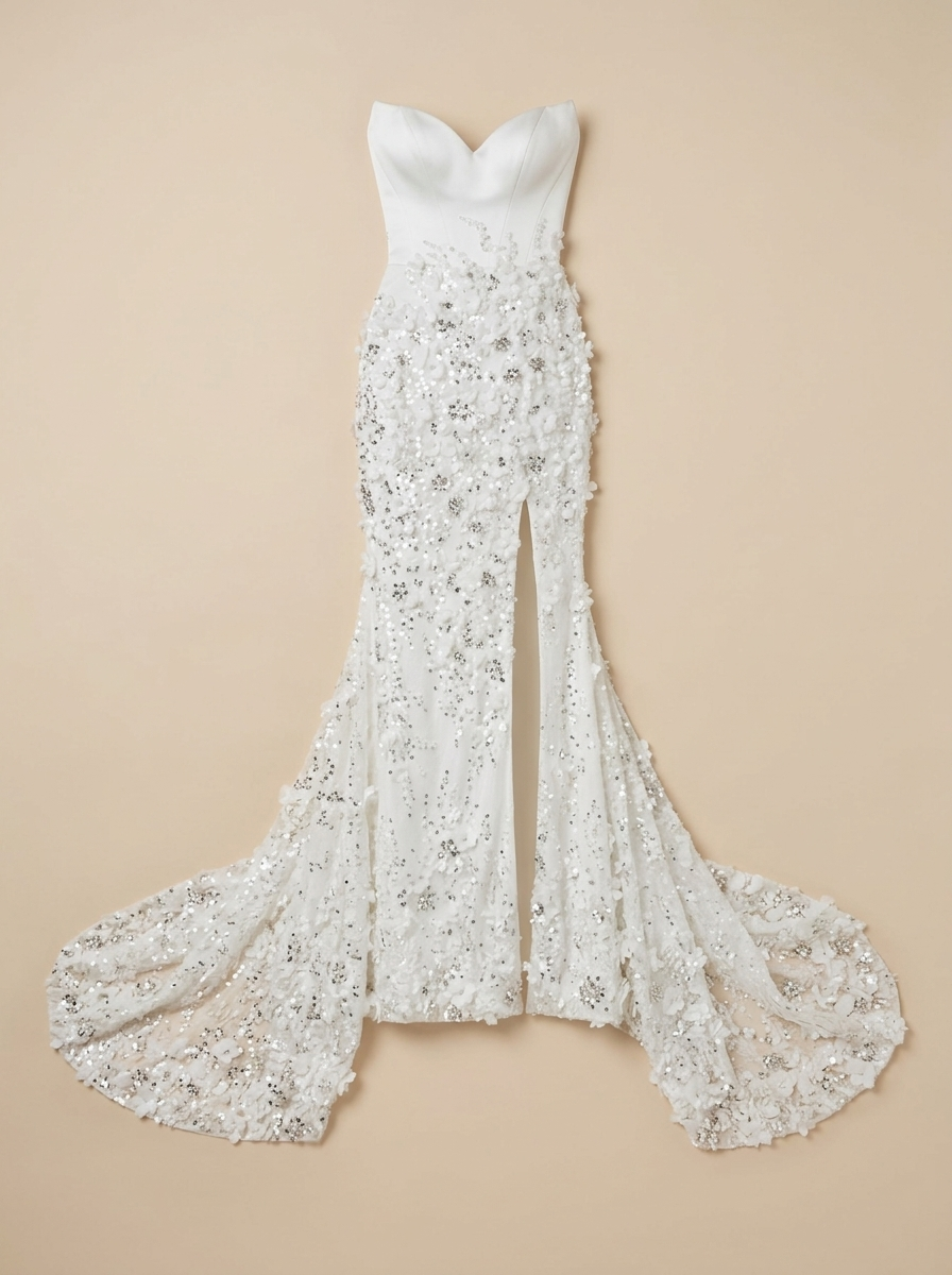 Ivory Strapless 3D Floral Embellished Crepe Gown With Slit