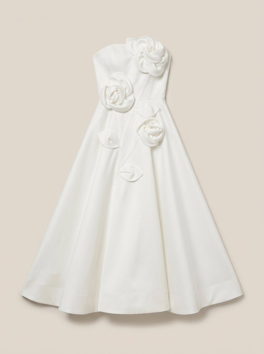 Ivory Strapless Satin A-Line Dress With 3D Flowers