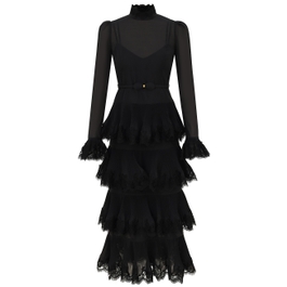 Lace Pleated Long Sleeve Midi