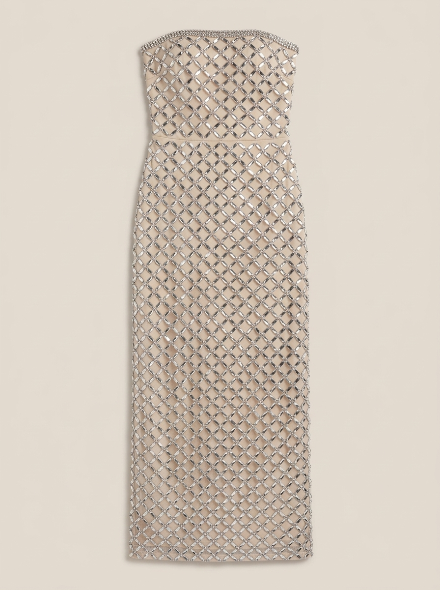 Nude Silver Metallic Embellished Strapless Maxi Dress