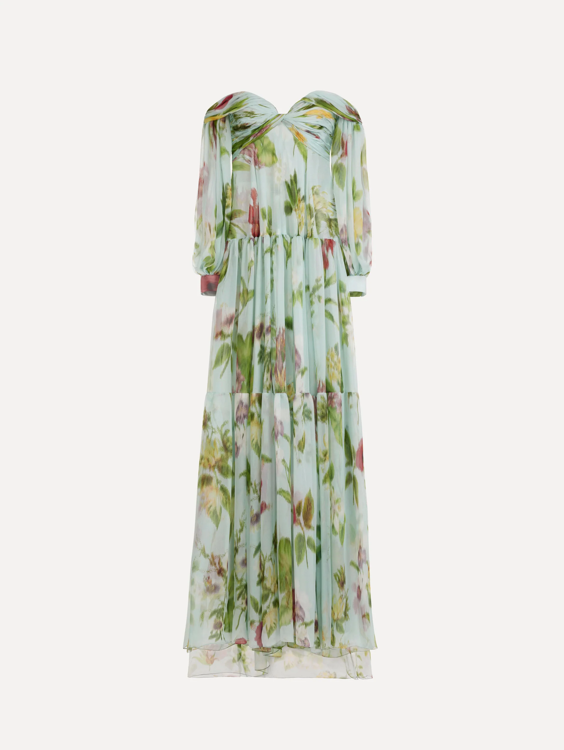 Chiné Dominican Mixed-Floral Chiffon Sweetheart Gown