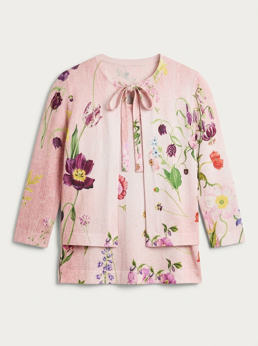 Mixed Botanical Tie-Neck Cardigan