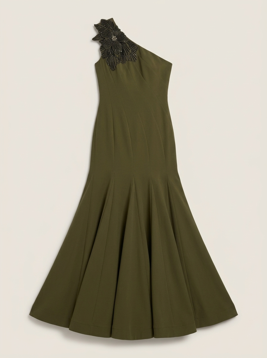 Olive One Shoulder Trumpet Gown With Crystal Flower