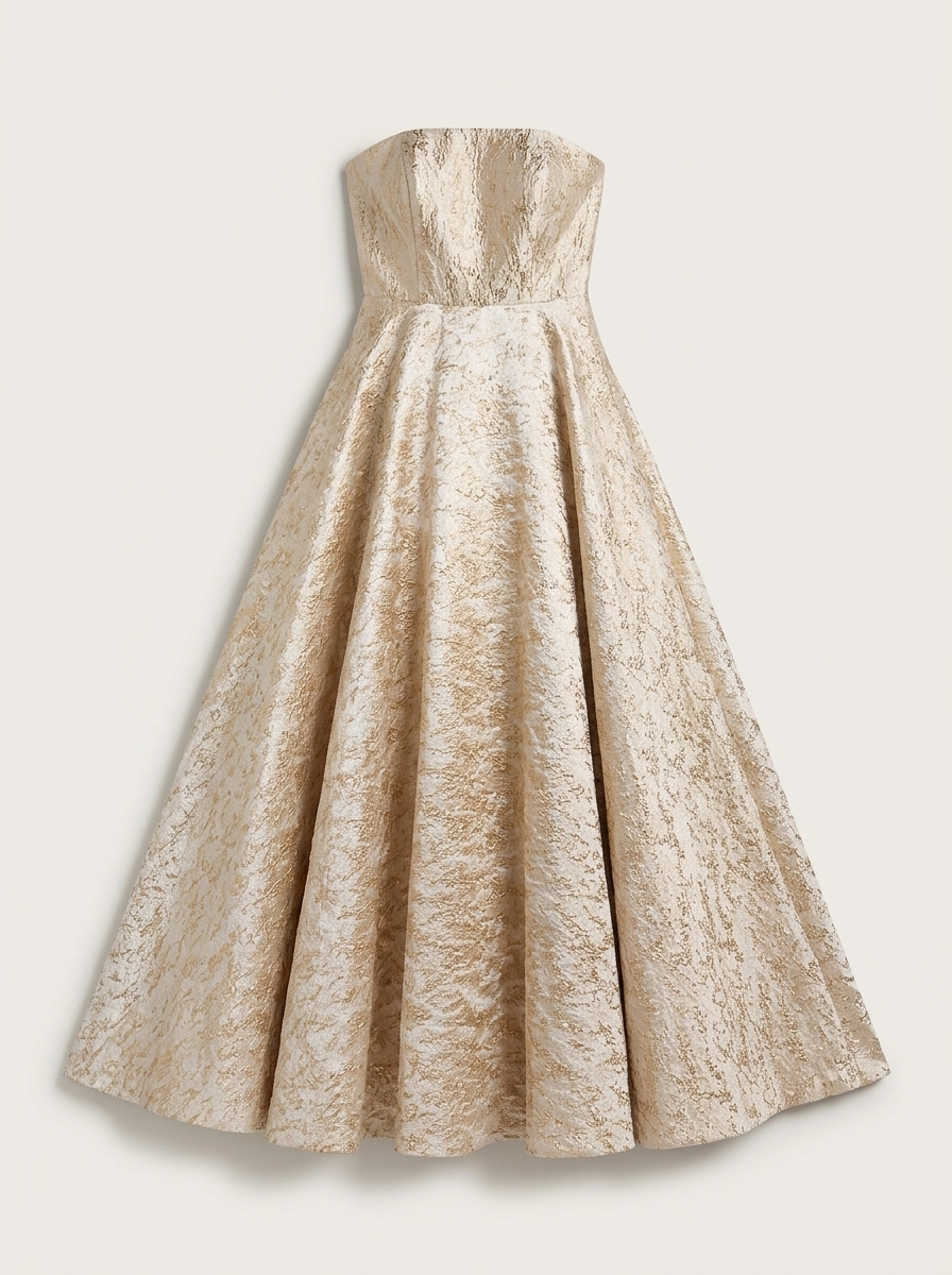 Petite Champagne Gold Metallic Brocade Ball Gown