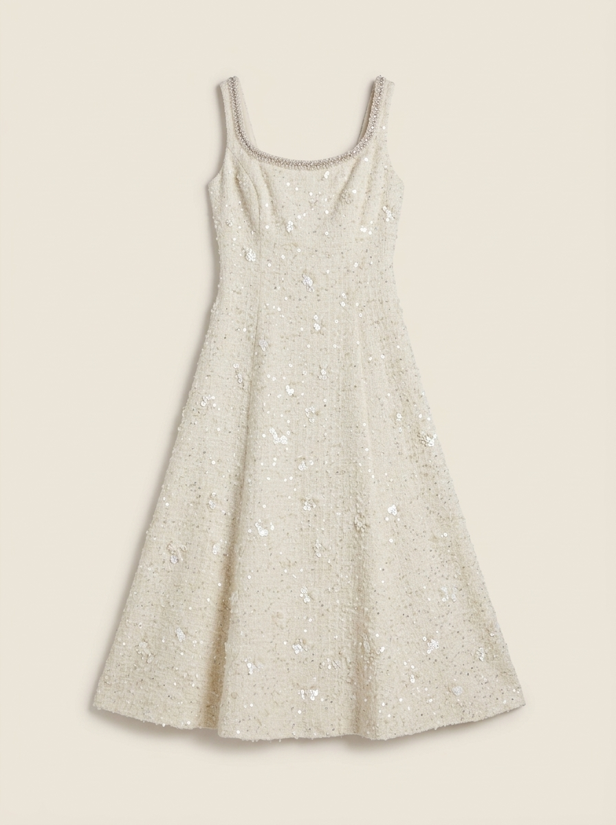 Petite Ivory Embellished Boucle Sleeveless A-Line Midi Dress
