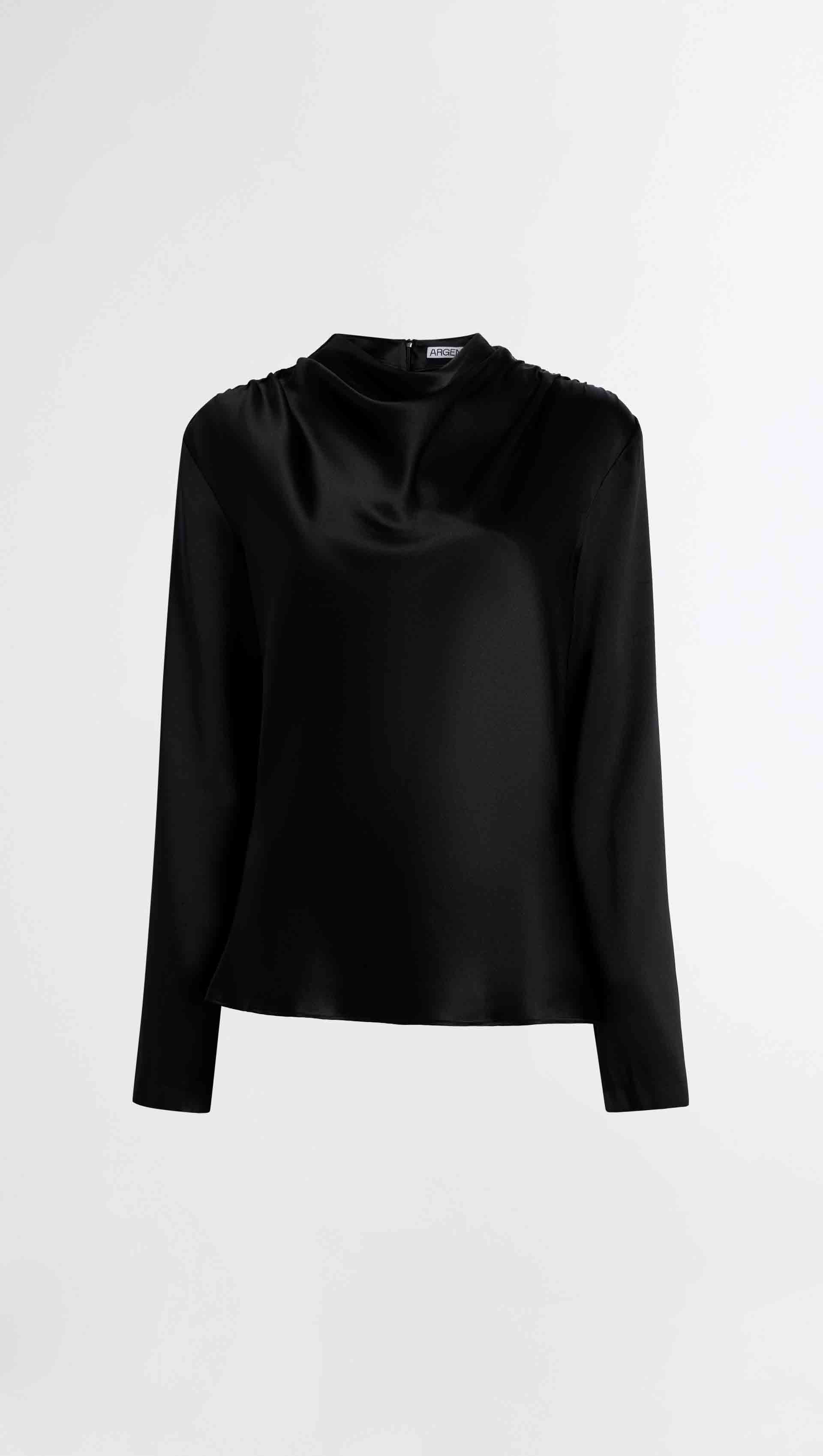 Ruched Longsleeve Top in Silk Charmeuse | Black
